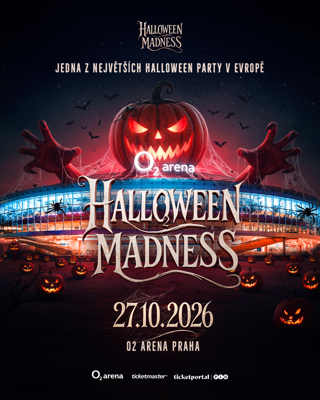 Plakát Halloween Madness s O2 arenou a obří svítící dýní
